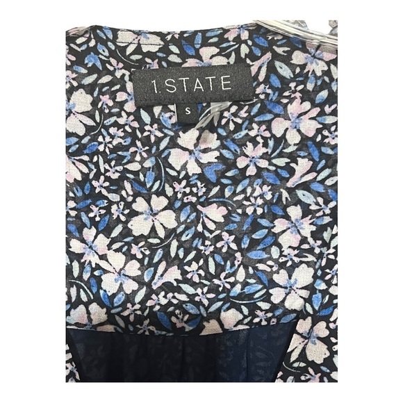 1. State Ditsy Floral Long Sleeve Blouse Blue V-Neck Smocked Ruffle Top Small - Picture 8 of 9